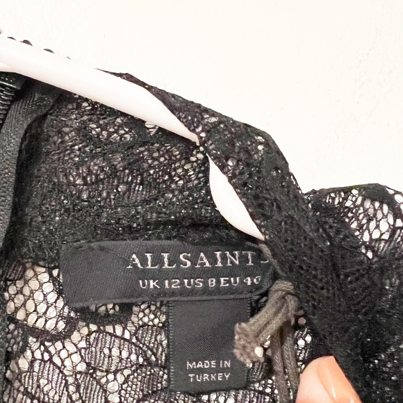 NWT All Saints Hanna Lace Black Asymmetrical Mock Neck Midi Dress Size US 8 - Picture 12 of 16